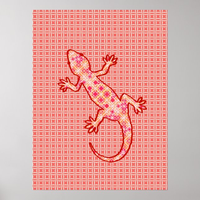 Affiches Batik tribal Gecko - corail rose et crème (Devant)