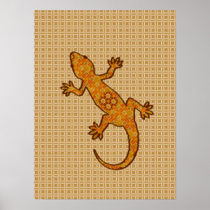 Affiches Batik Tribal Gekko - rouille, ambre et bronze