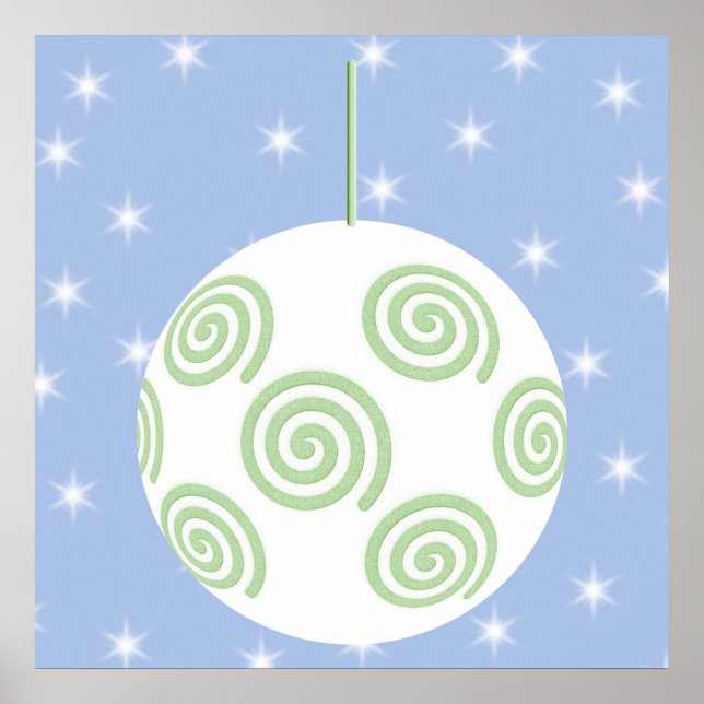 Affiches Bauble de Noël blanc et vert. Sur Starry Blue. (Devant)