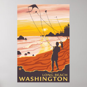 Affiches Beach & Kites - Long Beach, Washington