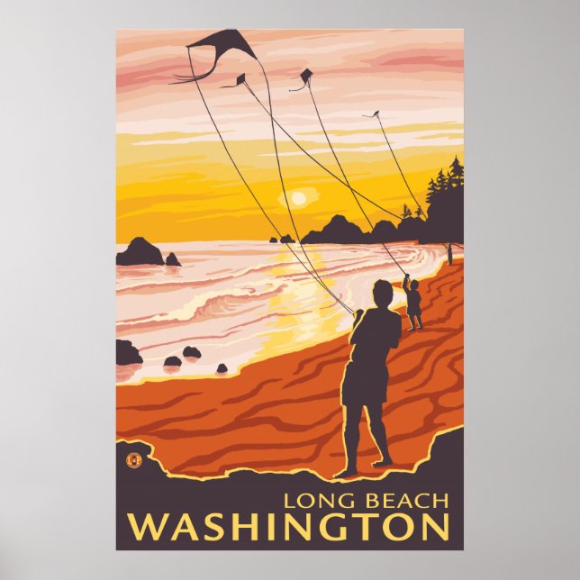 Affiches Beach & Kites - Long Beach, Washington (Devant)