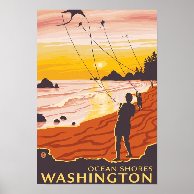 Affiches Beach & Kites - Ocean Shores, Washington (Devant)