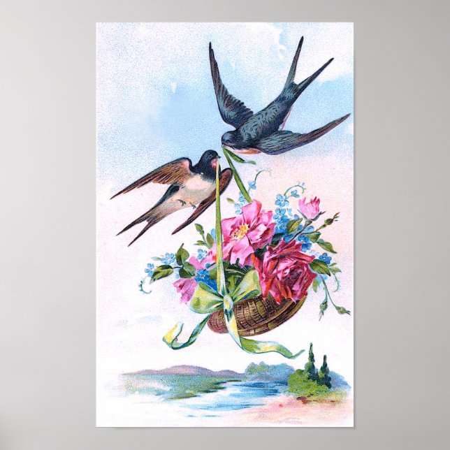 Affiches Beaux oiseaux Vintages et fleurs Floral (Devant)