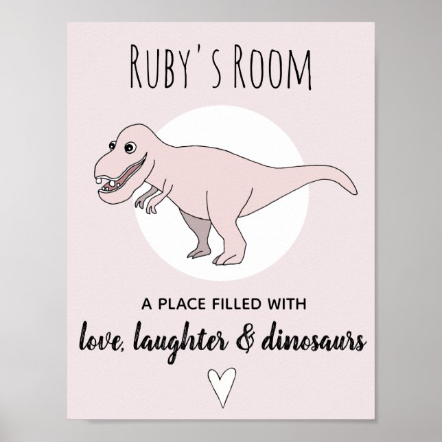 Affiches Bébé Fille Doodle Dinosaure Rose T-Rex Nom Nurseri (Devant)