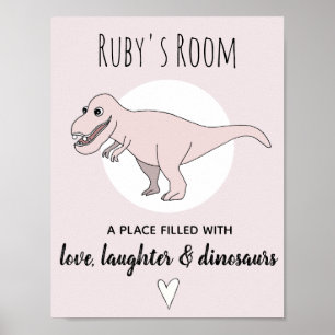 Affiches Bébé Fille Gribouillis Dinosaure Rose T-Rex Nom Nu