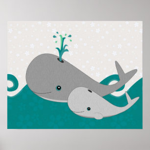 Affiches Bébé gris mignonne baleine sur le dessin des vague