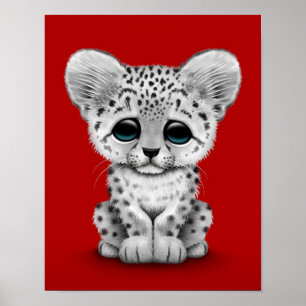 Affiches Bébé mignonne Léopard de neige sur rouge