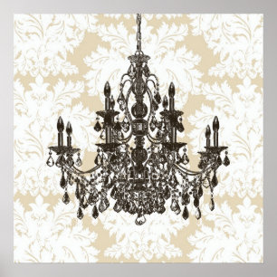 Affiches Beige Damask Chandelier Wall Art Print