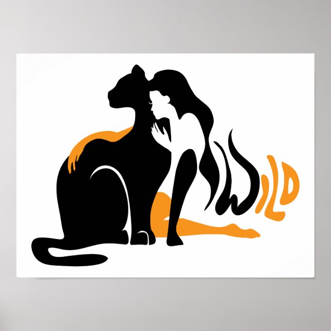 Affiches Belle fille, grand chat noir Panther illustration (Devant)