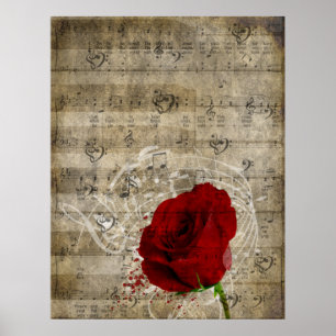 Affiches Belle rose rouge notes piano tourbillonné