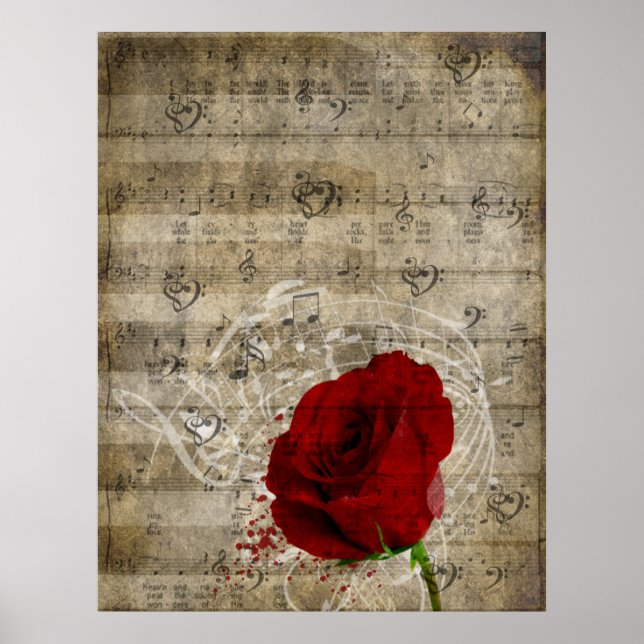 Affiches Belle rose rouge notes piano tourbillonné (Devant)
