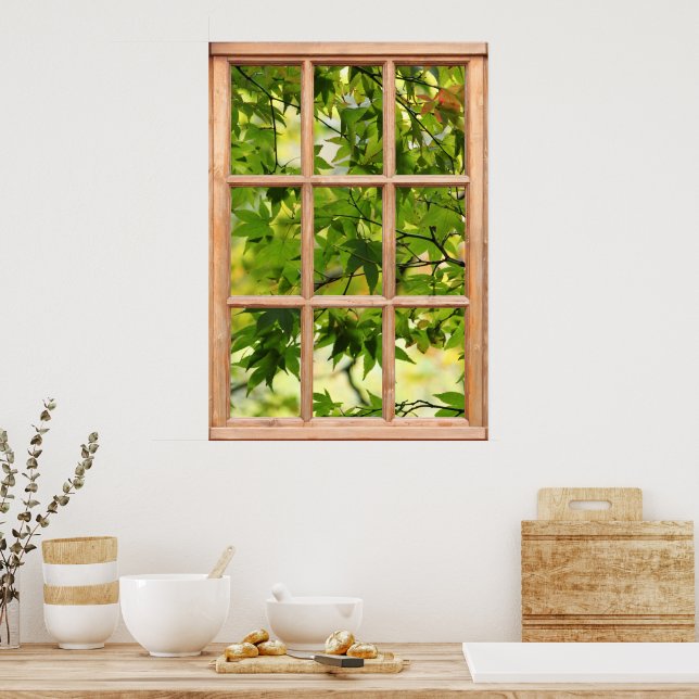 Affiches Belle vue du matin des Feuilles d'une fenêtre (Cuisine)