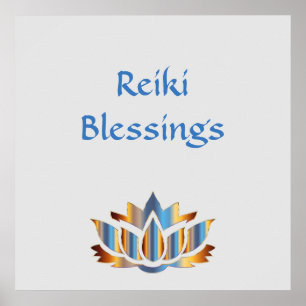 Affiches Bénédiction Reiki Fleur de lotus blanc/or/bleu