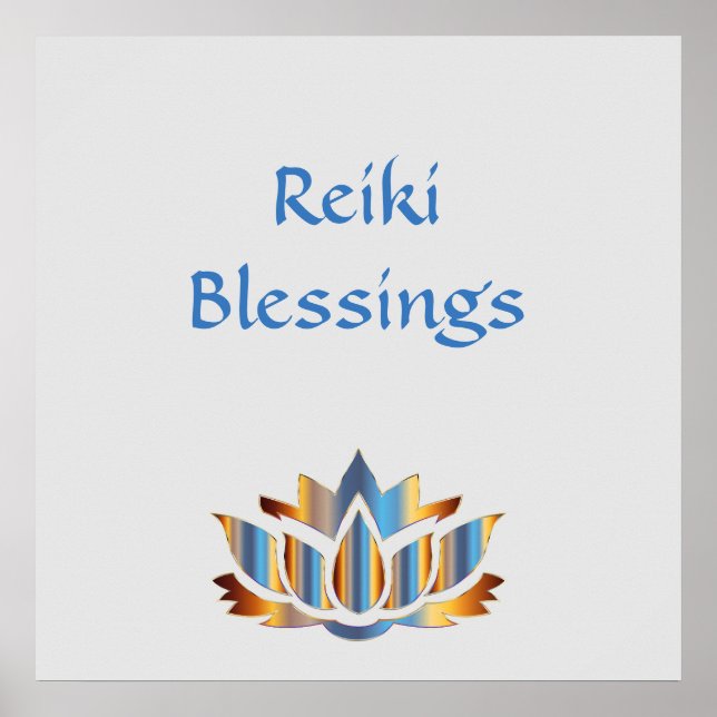 Affiches Bénédiction Reiki Fleur de lotus blanc/or/bleu (Devant)