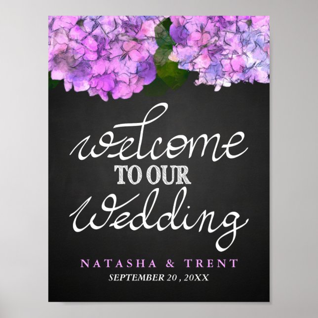 Affiches Bienvenue À Notre Mariage Chalkboard Hydrangea Flo (Devant)