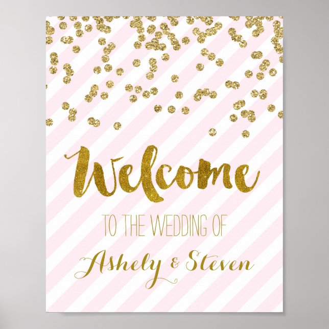 Affiches Bienvenue à notre Mariage Sign Pink Gold Stripes (Devant)
