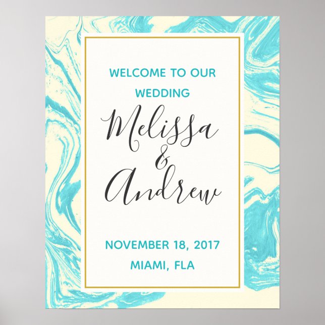 Affiches Bienvenue à notre Mariage Turquoise Marble Design (Devant)
