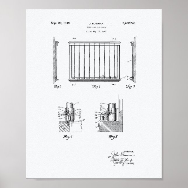 Affiches Billiard Cue Lock 1949 Brevet Art - Livre blanc (Devant)
