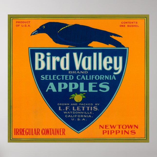 Affiches Bird Valley Apple Crate LabelWatsonville, CA (Devant)