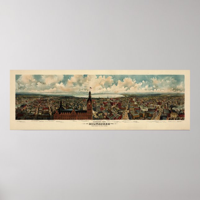 Affiches Birdseye Panorama of Milwaukee (1898) Reprint (Devant)