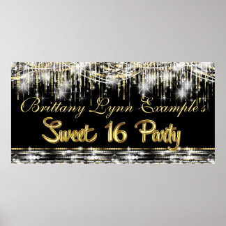 Affiches Black and Gold Glam Sweet 16 Party Bannière