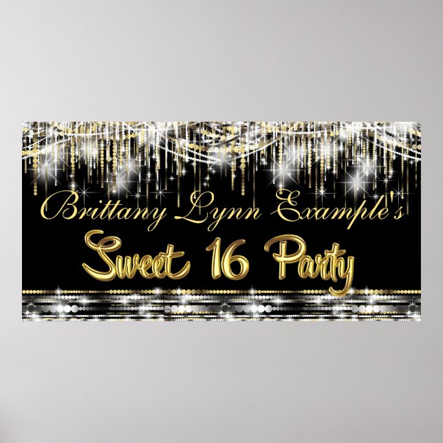 Affiches Black and Gold Glam Sweet 16 Party Bannière (Devant)