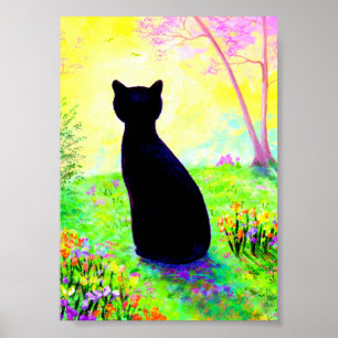 Affiches Black Cat Silhouette Flowers Creationarts