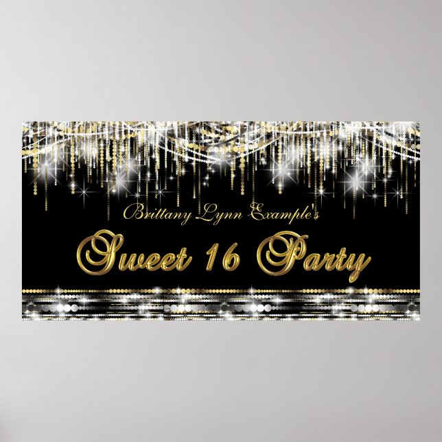 Affiches Black Gold Sweet 16 Anniversaire de fête (Devant)