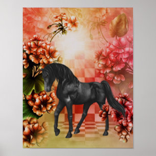Affiches Black Horse Flowers Imaginaire Art