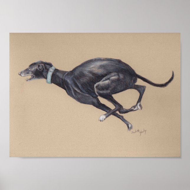 Affiches Black Running Greyhound Dog Art Imprimer (Devant)