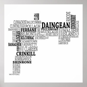 Affiches Black Typographical Map of Co. Offaly, Ireland