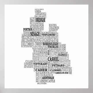 Affiches Black Typographical Map of Co. Tipperary, Ireland