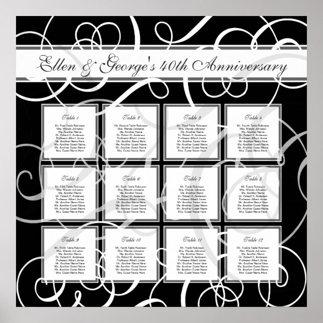Affiches Black White Elegant Party 12 Table Seating Chart (Devant)