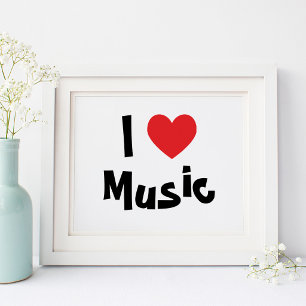 Affiches Blanc et noir J'aime la musique Cœur rouge