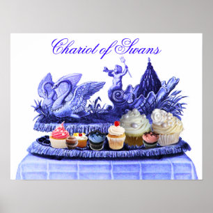 AFFICHES BLEU ANTIQUE CHARIOT DE CYGNES ET CUPCAKES