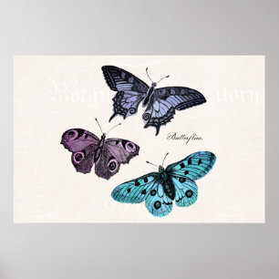 Affiches Bleu bleu violet Vintage dessin de papillon rose T