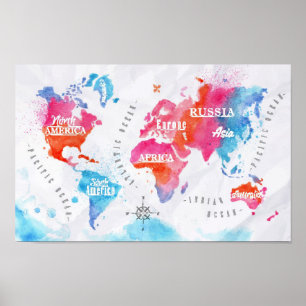 Affiches Bleu de rose de carte du monde d'aquarelle