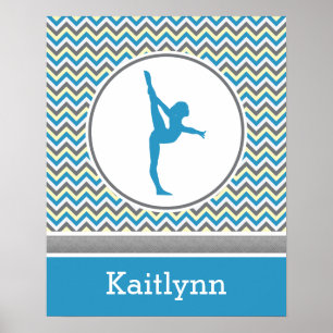 Affiches Bleu / Gris Chevron Stripes Gymnastique avec Monog