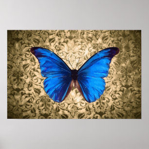 Affiches Bleu monarque papillon damassé art vintage