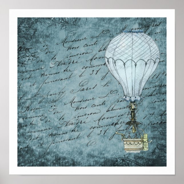 Affiches Bleu Steampunk Écriture Vintage Hot Air Balloon (Devant)