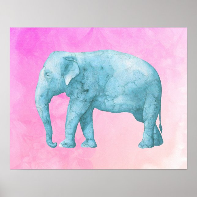 Affiches Blue Elephant on Dreamy Pink Watercolors (Devant)
