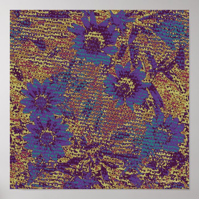 Affiches Blue flowers against leaf camouflage pattern (Devant)