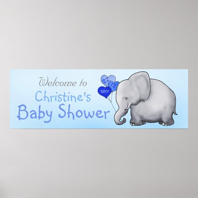 Affiches Blue Heart Balloons Elephant Boy Baby shower (Devant)