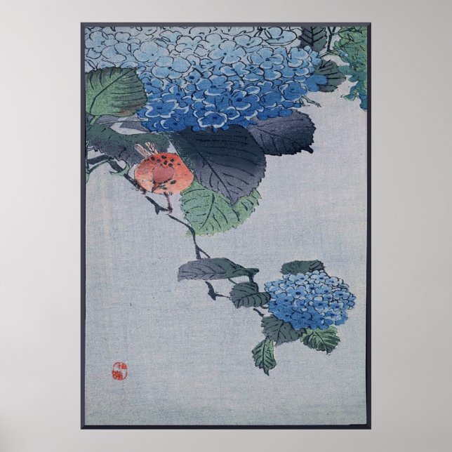 Affiches Blue Hydrangea Japanese Woodcut with Bird (Devant)