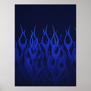 Affiches Blue Racing Flames on Carbon Fiber Print