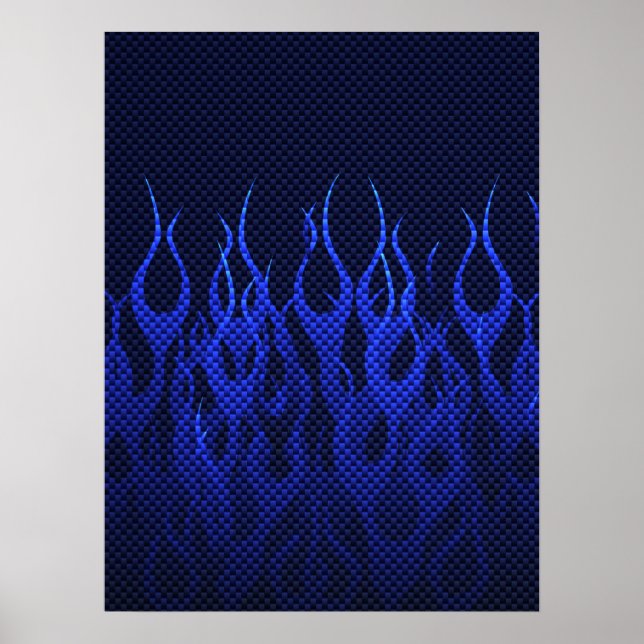 Affiches Blue Racing Flames on Carbon Fiber Print (Devant)
