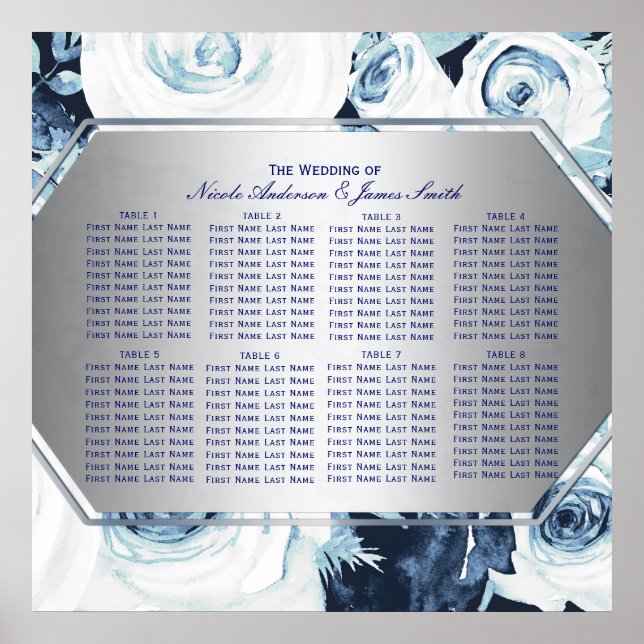Affiches Blue White Floral Winter Wedding Seating Chart (Devant)