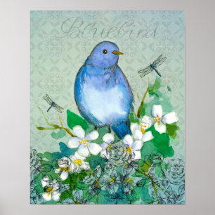 Affiches Bluebird Flower Collage Dragonflies Syringa