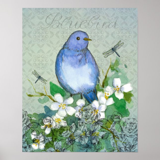 Affiches Bluebird Flower Dragonflies Syringa (Devant)