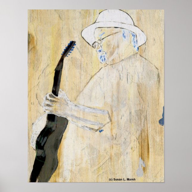 Affiches Blues Guitariste Peinture en orange et marron (Devant)